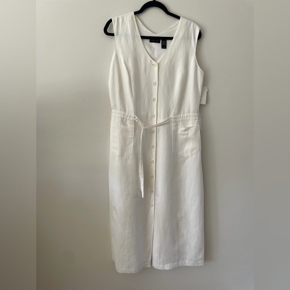 90s Vintage Linen Button Front Midi Dress NWT Women 14 Minimalist Liz Claiborne